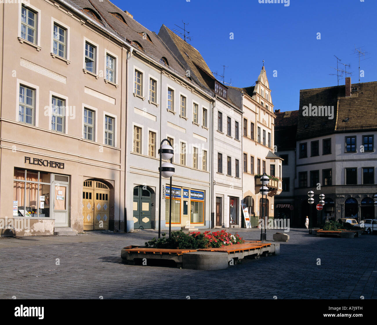 Abendlicht, Buergerhaeuser Am Marktplatz in Torgau an der Elbe, Sachsen Foto Stock