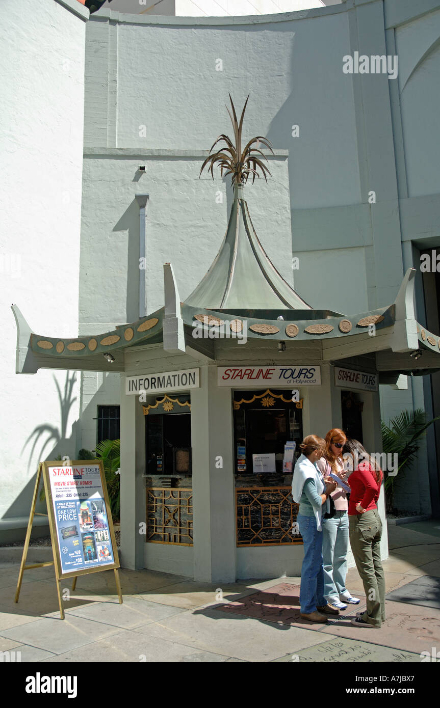 I visitatori al di fuori del Grauman's Chinese Theater prenotazione di escursioni in giro per la città in Hollywood California Foto Stock