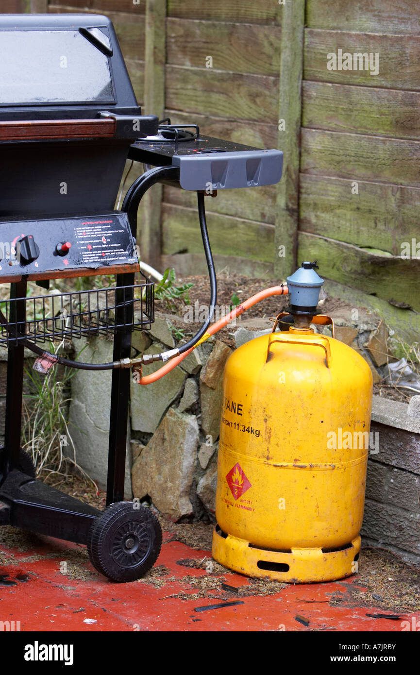 Barbecue a gas e il giallo il gas butano barattolo in verticale da giardino  Foto stock - Alamy