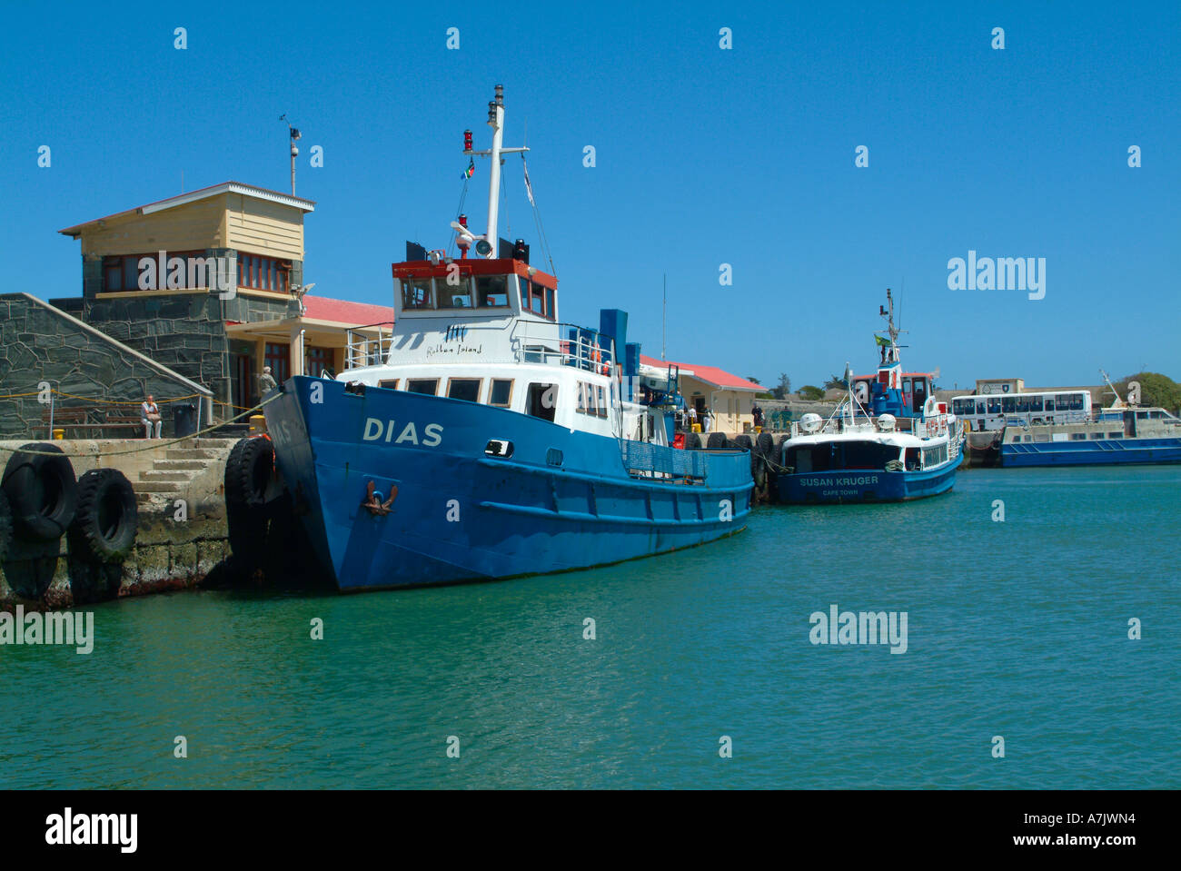 Traghetto barche ormeggiate nel porto di Robben Island Cape Province Città del Capo Sud Africa Foto Stock