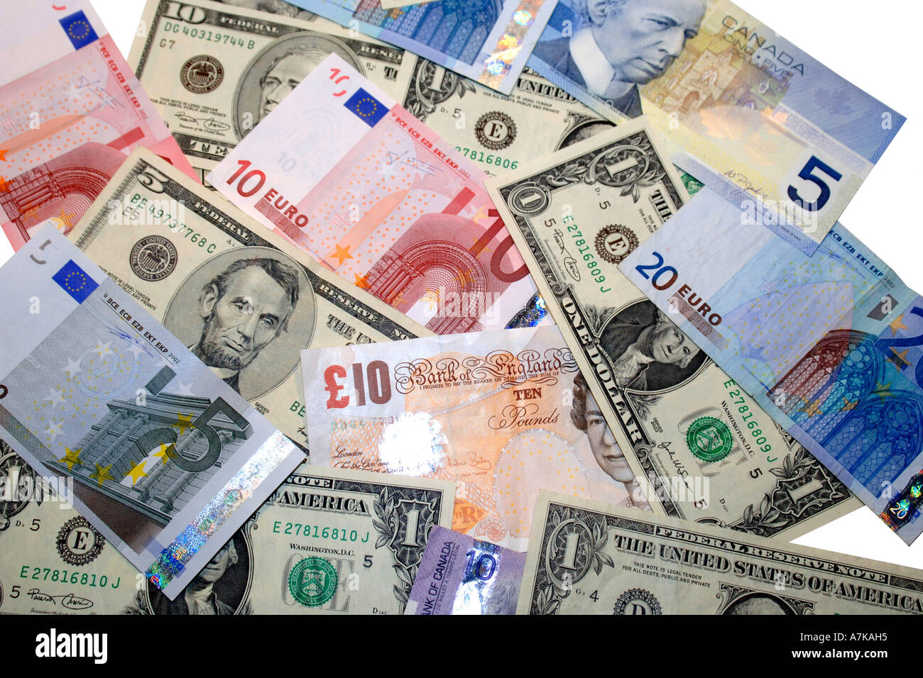 Una selezione di dominante moneta mondiale che include dollari, sterline, yen Foto Stock