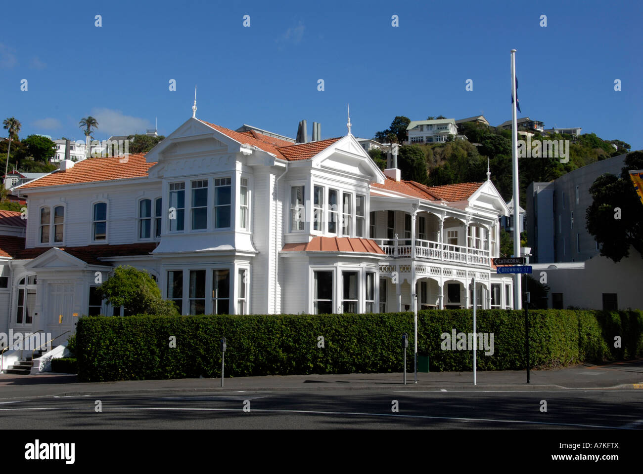Bianco Casa weatherboard Napier Isola del nord della Nuova Zelanda Foto Stock