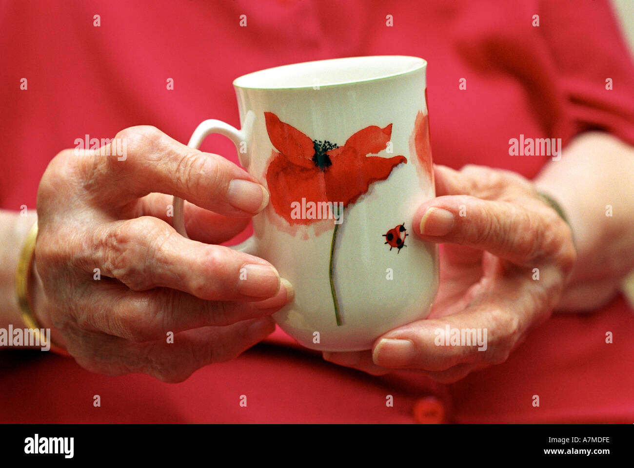 Close up di un signore anziane mani artritiche tenendo una tazza Foto Stock