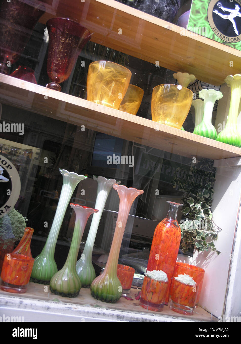 Vasi di vetro nella finestra del negozio Foto Stock