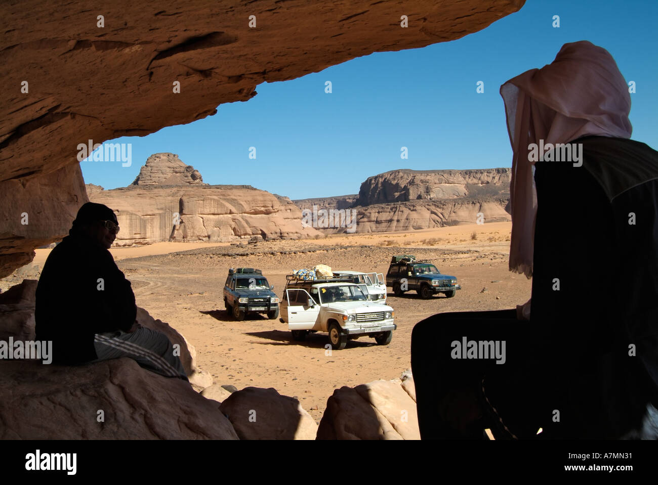 Il Jeep safari nel Jebel Acacus, il Deserto del Sahara, Libia Foto Stock