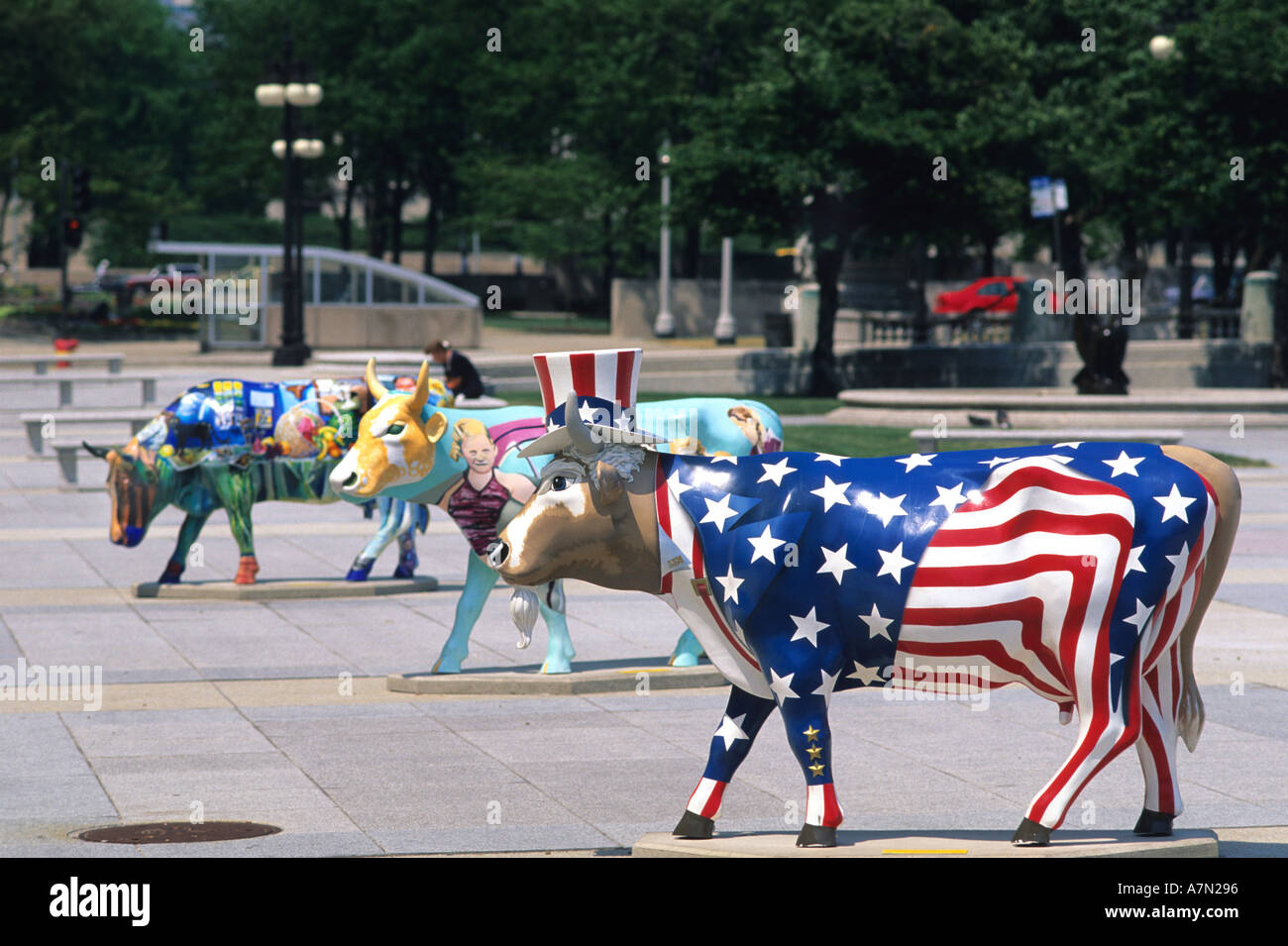Il marciapiede arte vacche in Chicago Illinois Foto Stock