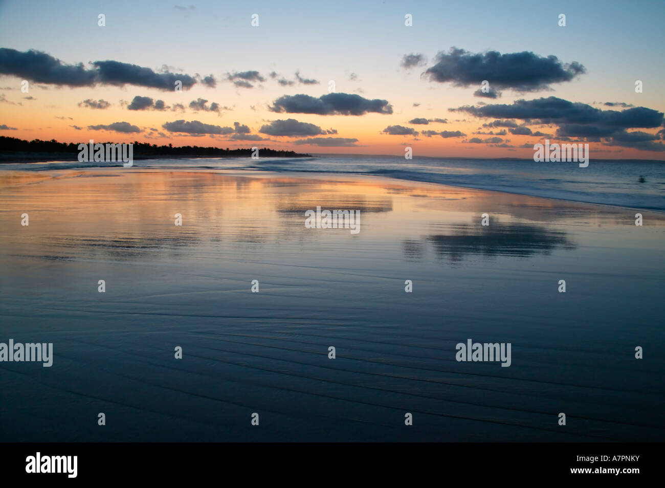 Costa del Mozambico al tramonto con le nuvole specchiata sulla spiaggia bagnata Barra Mozambico Foto Stock
