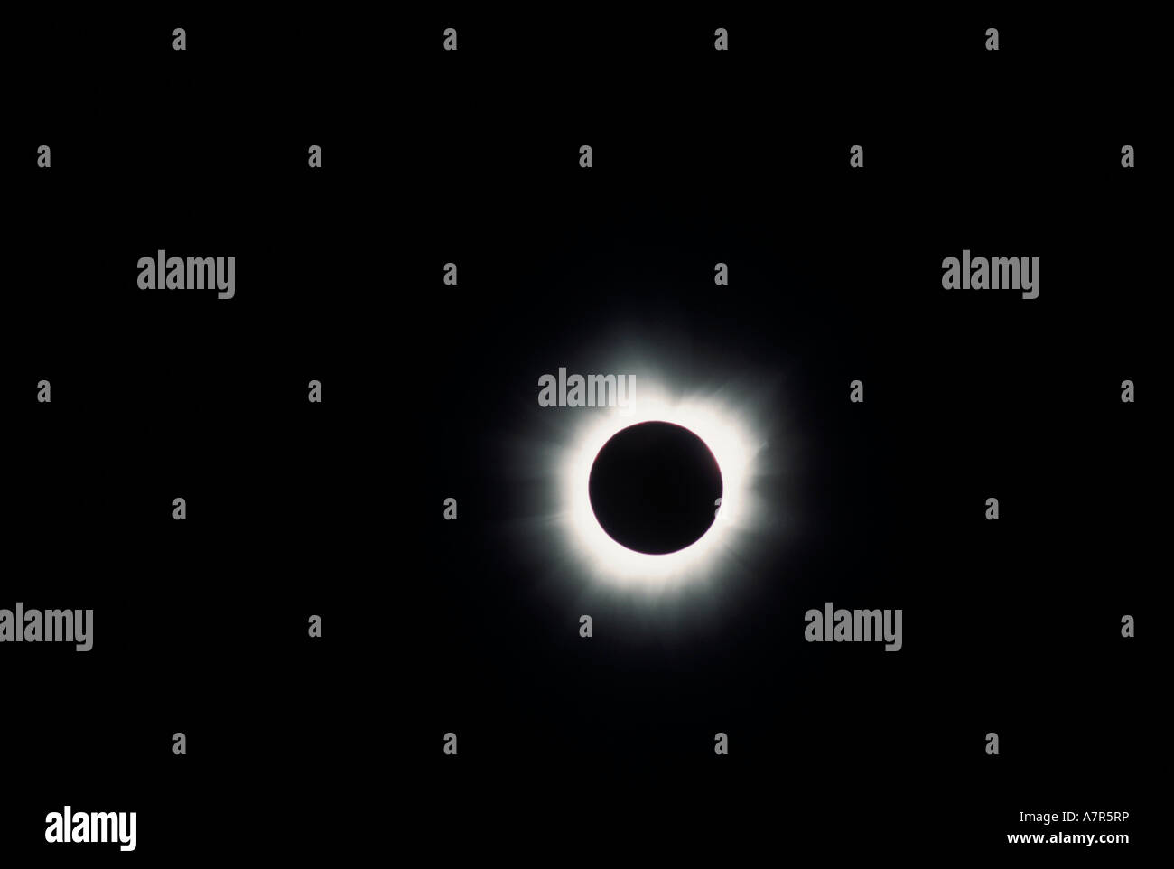 La completa eclissi solare come visto da sud dello Zambia durante il 2001 eclipse dove il sole e la luna allineati precisamente Foto Stock