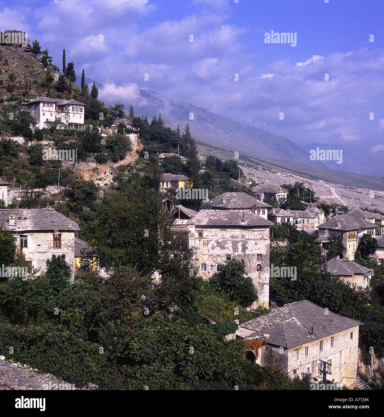 Case sulla collina, Argirocastro, Albania Foto Stock