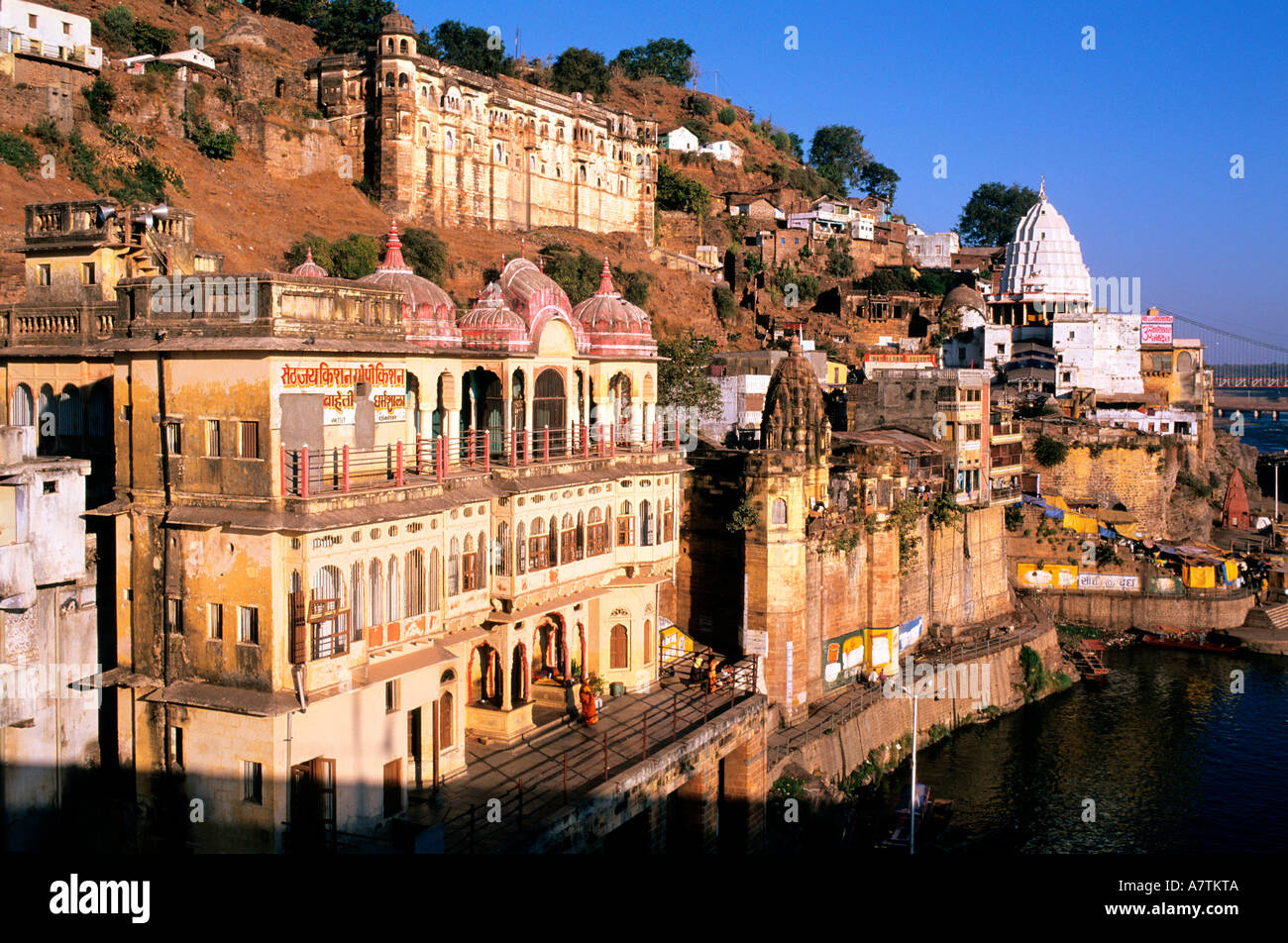 India, Madhya Pradesh, Omkareshwar, Sri Omkar Mandhata tempio sul Narmada riverside Foto Stock