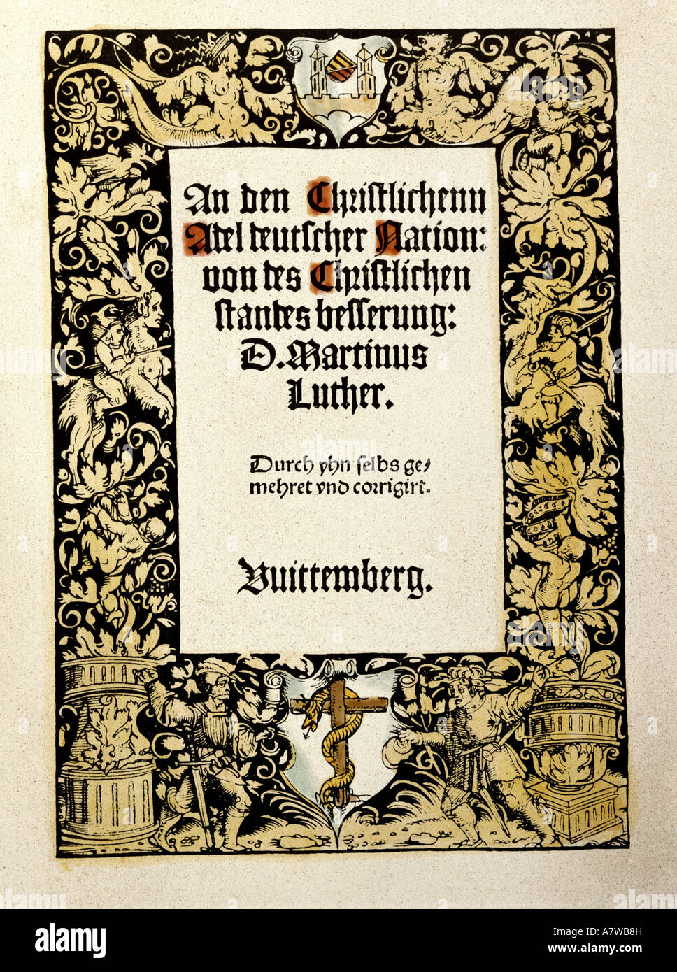 Lutero, Martin, 10.11.1483 - 18.2.1546, riformatore tedesco, opere, 'Alla Nobiltà cristiana della Nazione tedesca', 2. Edizione, Wittenberg, 1520, titolo colorato, collezione privata, , Foto Stock