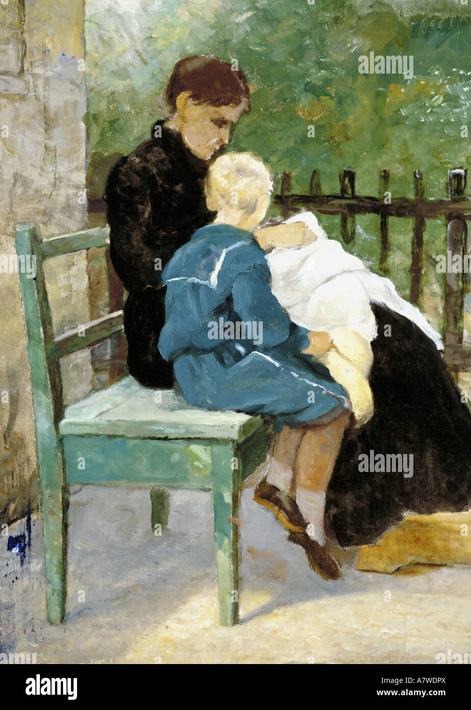 Belle arti, Marc Wilhelm (1839 - 1907), 'Die Ehefrau des Künstlers und der Sohn Paul', pittura, 1880, olio su tela, 48,5x35 cm, Franz Marc Museum, Kochel am See, , artista del diritto d'autore non deve essere cancellata Foto Stock