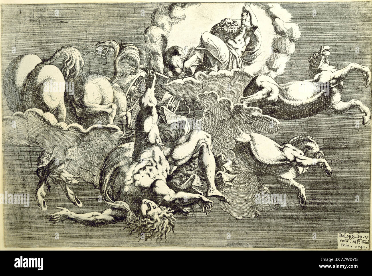 Religione, mondo antico, mitologia greca, 'Caduta di Phaeton', incisione di Antonio Fantuzzi, circa 1545, collezione privata, Washington DC, , Foto Stock