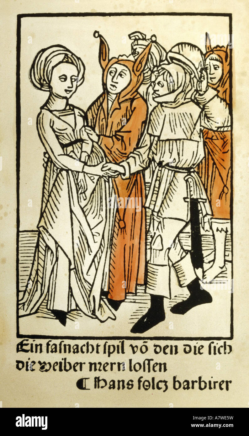 Folz, Hans, circa 1435/1440 - 1513, autore/scrittore tedesco, opere, gioco per carnevale, titolo, legno, Norimberga, circa 1480, collezione privata, , Foto Stock