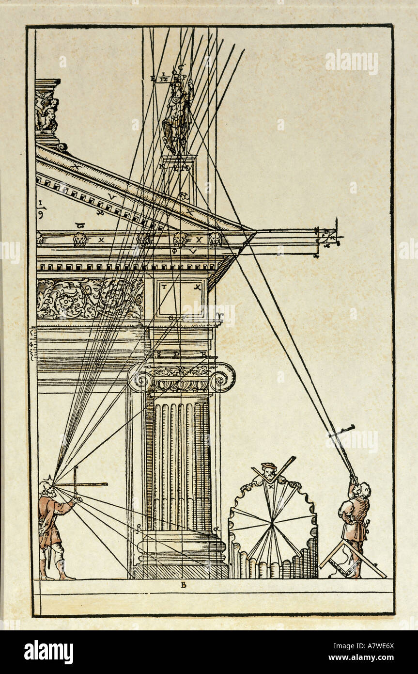 Architettura, ingegneria civile, misurazione di altezza e angolo, taglio di legno colorato, 'architettura libri decem' di Marcus Vitruvius Pollio, traduzione tedesca di Walther Ryff, Norimberga, 1548, collezione privata, , Foto Stock