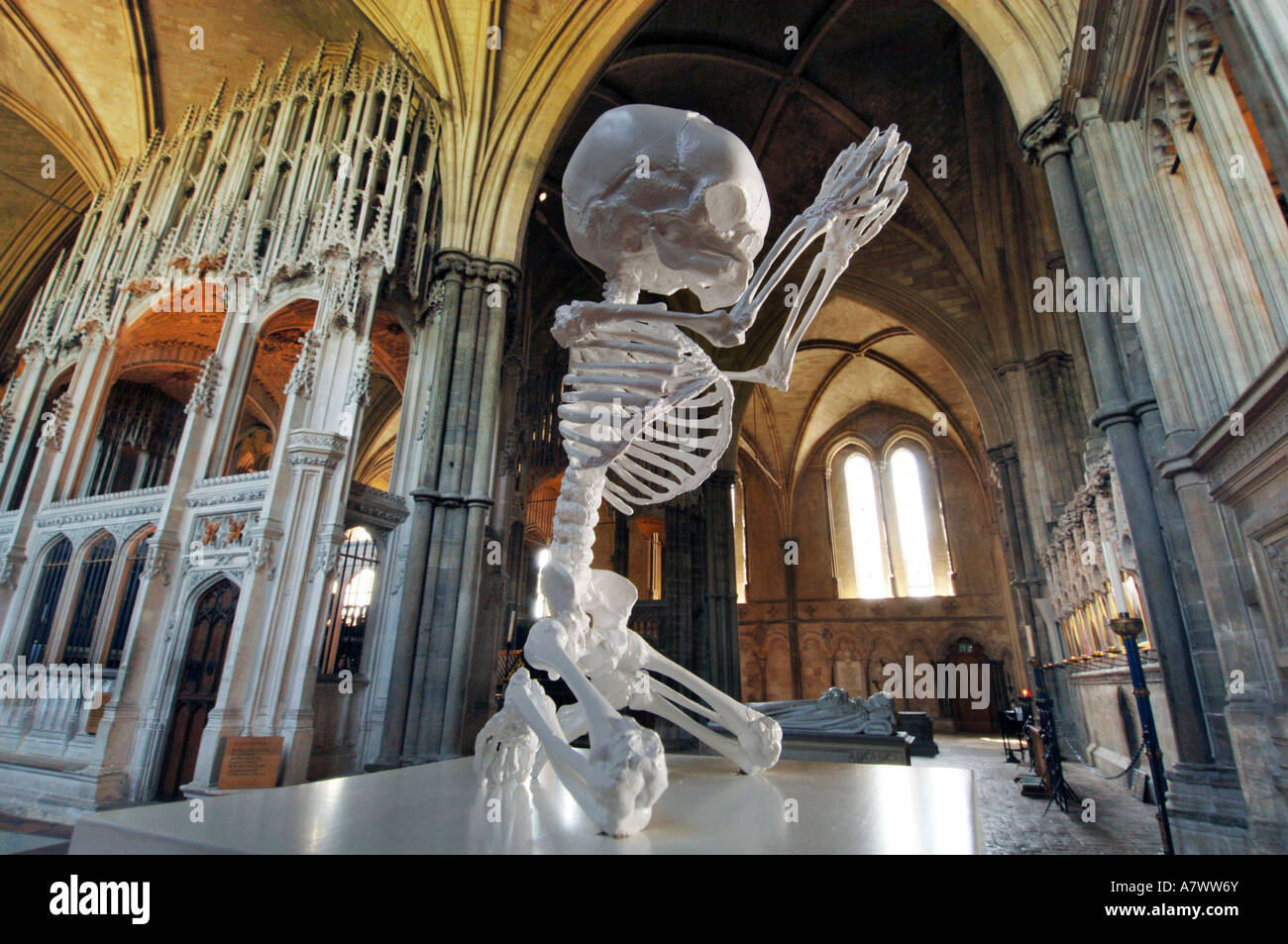 Una scultura di scheletro fetale sotto le arcate in stile gotico della Cattedrale di Winchester da Mark Quinn Foto Stock