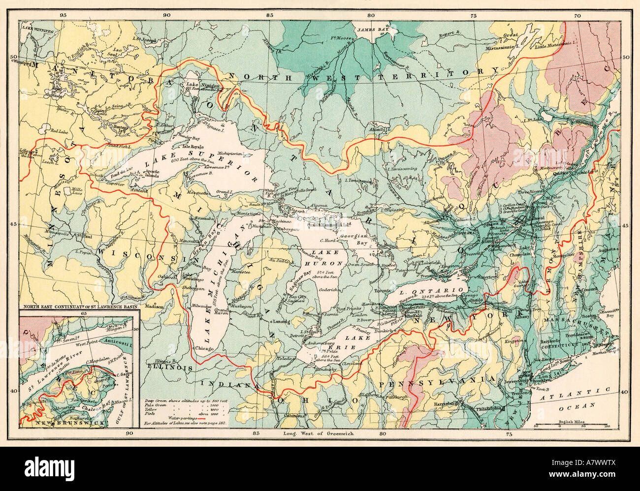 Mappa della regione dei Grandi Laghi e la Saint Lawrence spartiacque. Litografia a colori Foto Stock