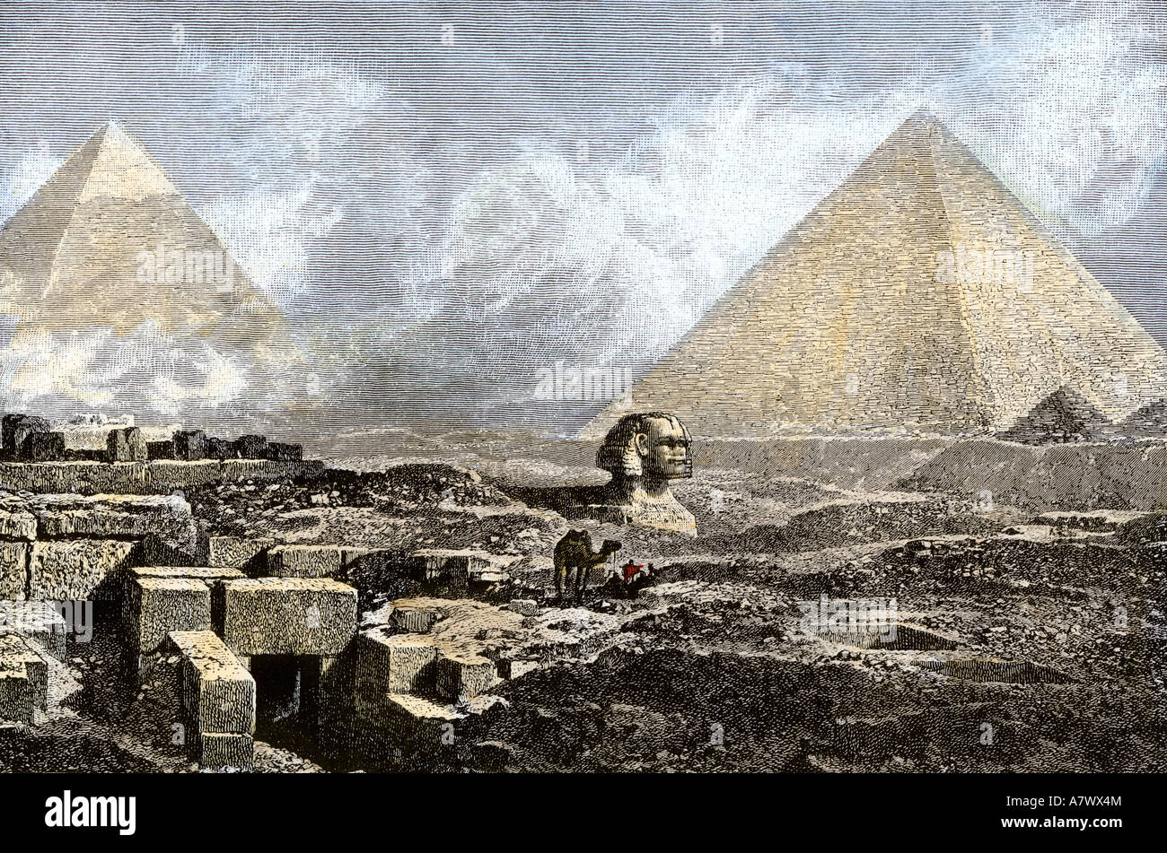 Grandi Piramidi e la Sfinge nei pressi di Gizeh 1800s. Colorate a mano la xilografia Foto Stock