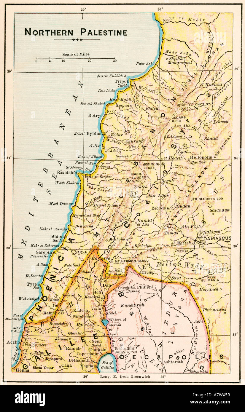 Mappa del nord della Palestina in tempi biblici. Litografia a colori Foto Stock