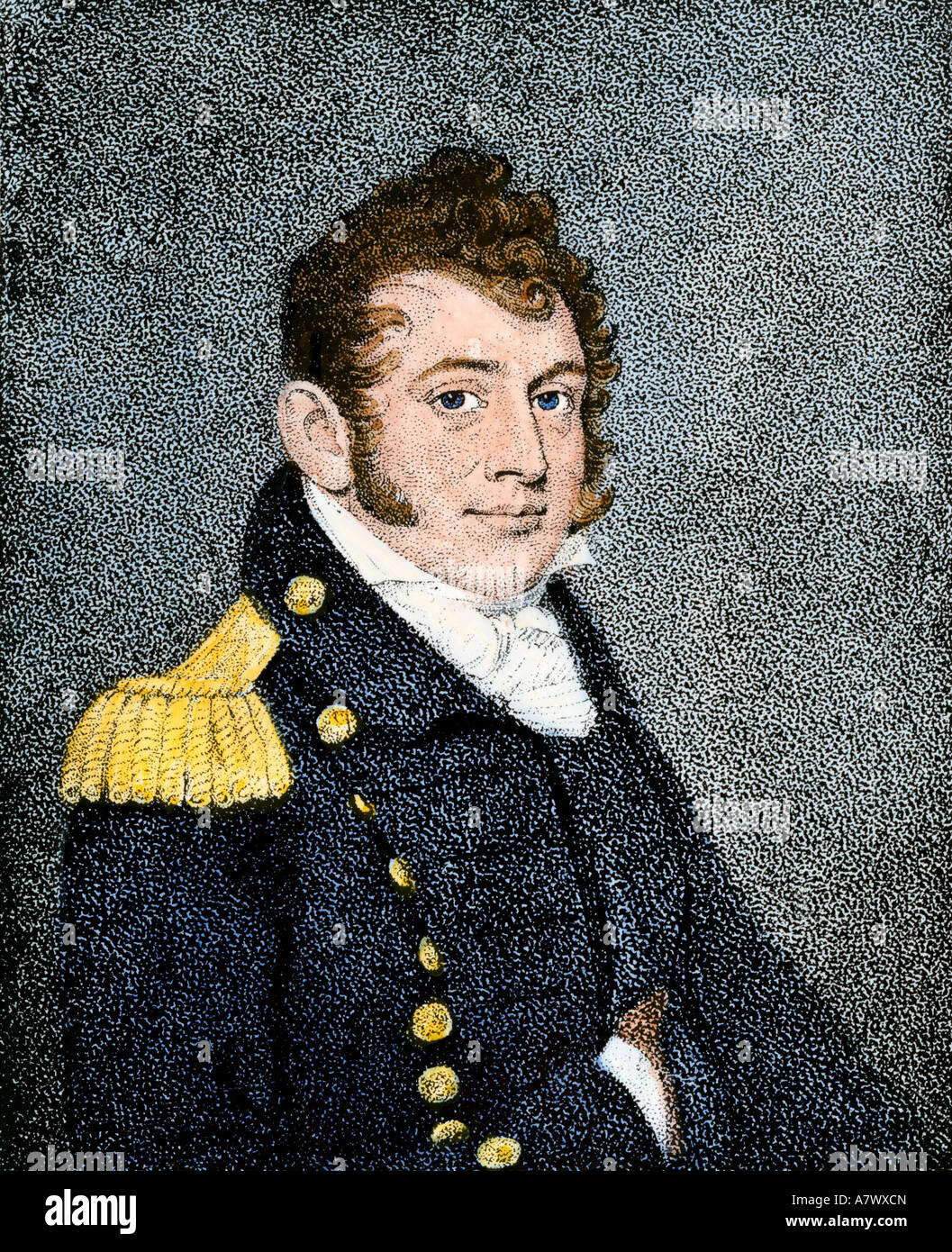 Oliver Hazard Perry ritratto. Colorate a mano l'incisione Foto Stock