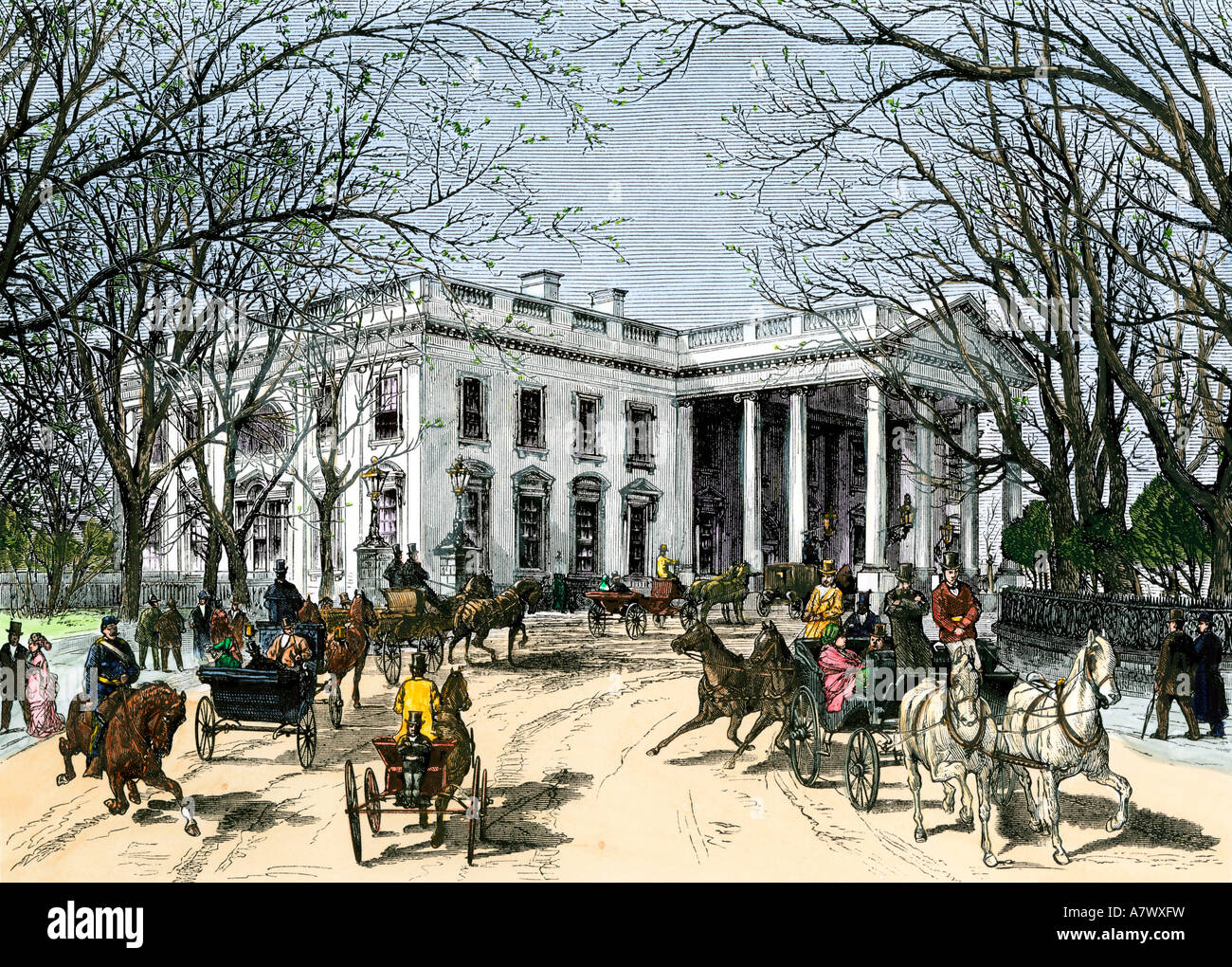 In inverno il traffico di trasporto alla Casa Bianca in prossimità della fine della presidenza Grant 1877. Colorate a mano la xilografia Foto Stock