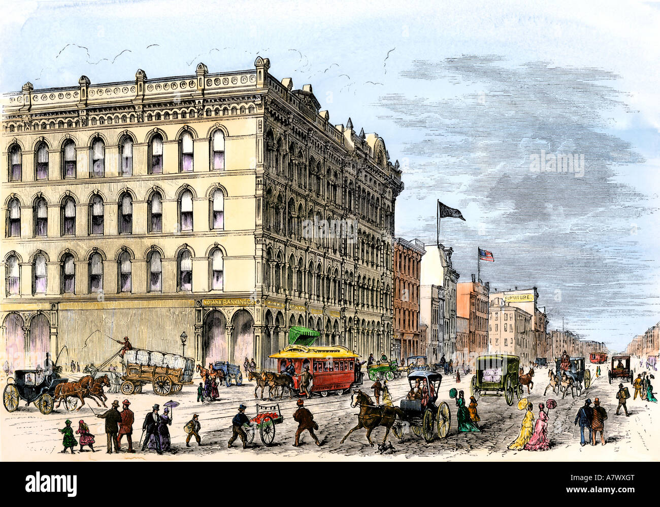 Washington Street a Indianapolis guardando ad ovest da Meriden Street 1870s. Colorate a mano la xilografia Foto Stock