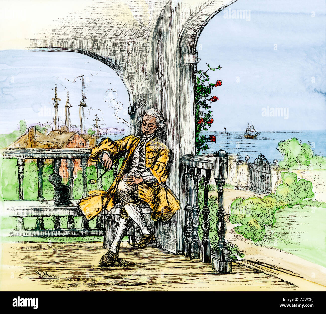 Uomo coloniale a Baltimora e fumare una tubazione del Maryland il tabacco. Colorate a mano la xilografia Foto Stock