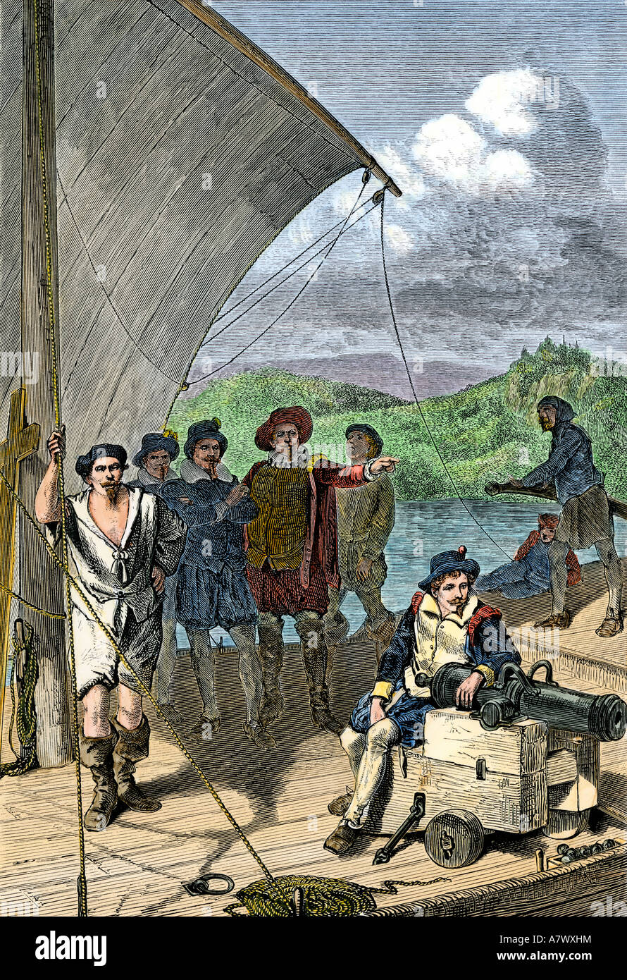 Gli esploratori inglesi risalendo il fiume Penobscot sulla costa del Maine 1500s. Colorate a mano la xilografia Foto Stock