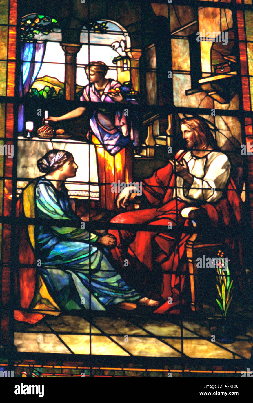 La parabola di Gesù visita di Maria e di Marta vetrata. Palo Alto in California USA Foto Stock