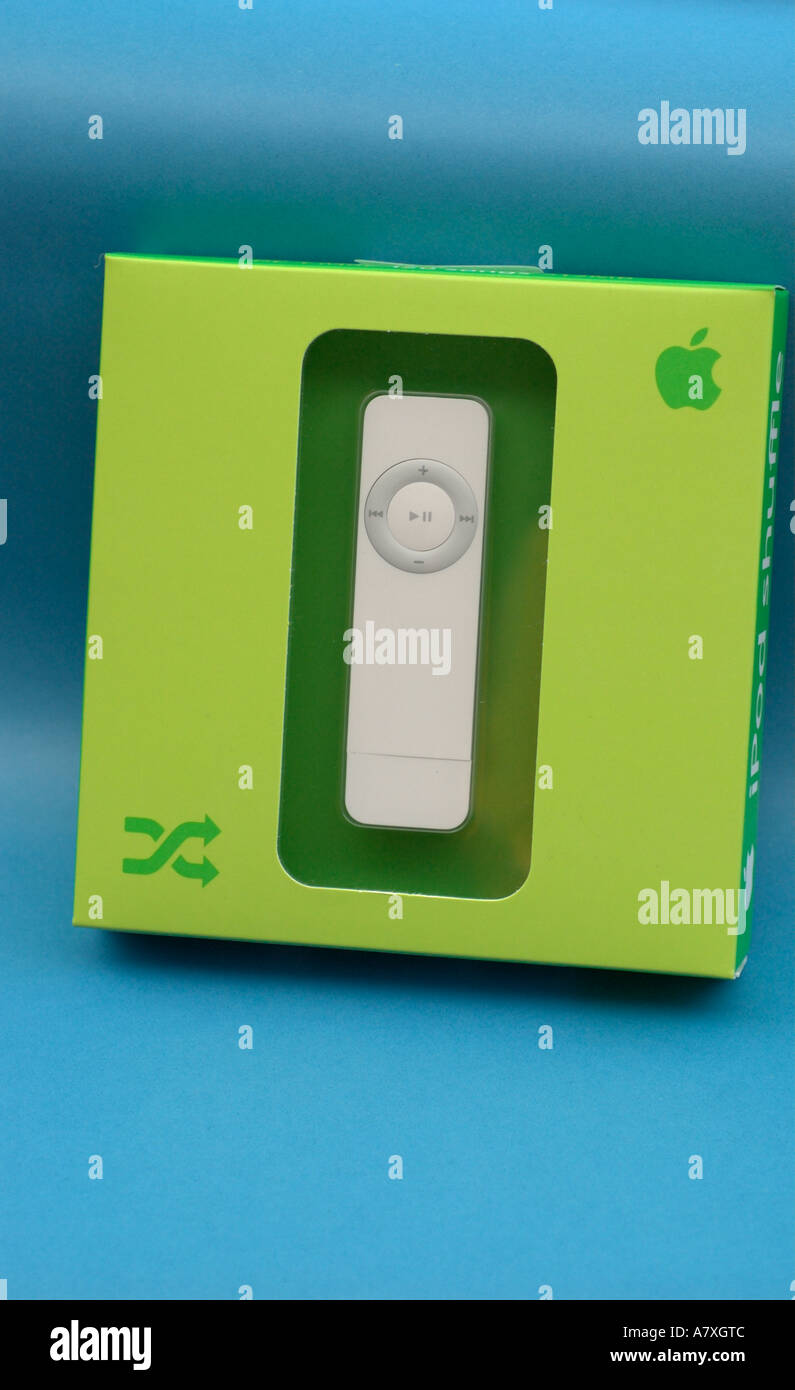 Apple iPod shuffle in verde elegante confezione con coperchio trasparente. Foto Stock