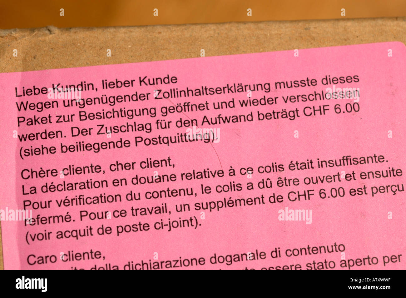 Apertura del pacco dalla dogana per la verifica del contenuto. (C) da uli nusko, CH-3012 Berna Foto Stock