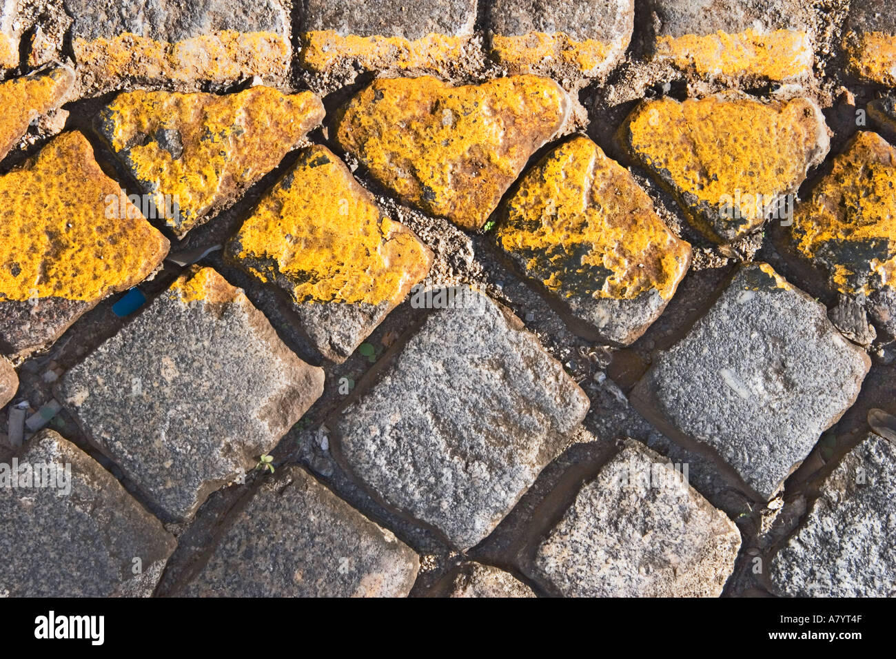 Linea gialla sulla strada di ciottoli che simboleggiano niente parcheggio Foto Stock