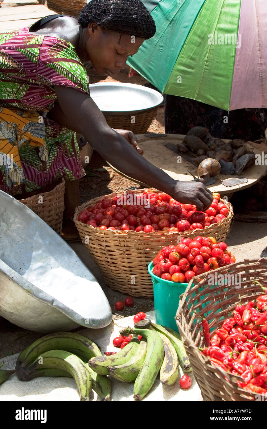 Lumache giganti della tigre dell'Africa occidentale ombreggiate sotto ombrello, insieme ai peperoncini, pomodori e piantana per la vendita nel mercato alimentare di Bogoso del Ghana occidentale Foto Stock