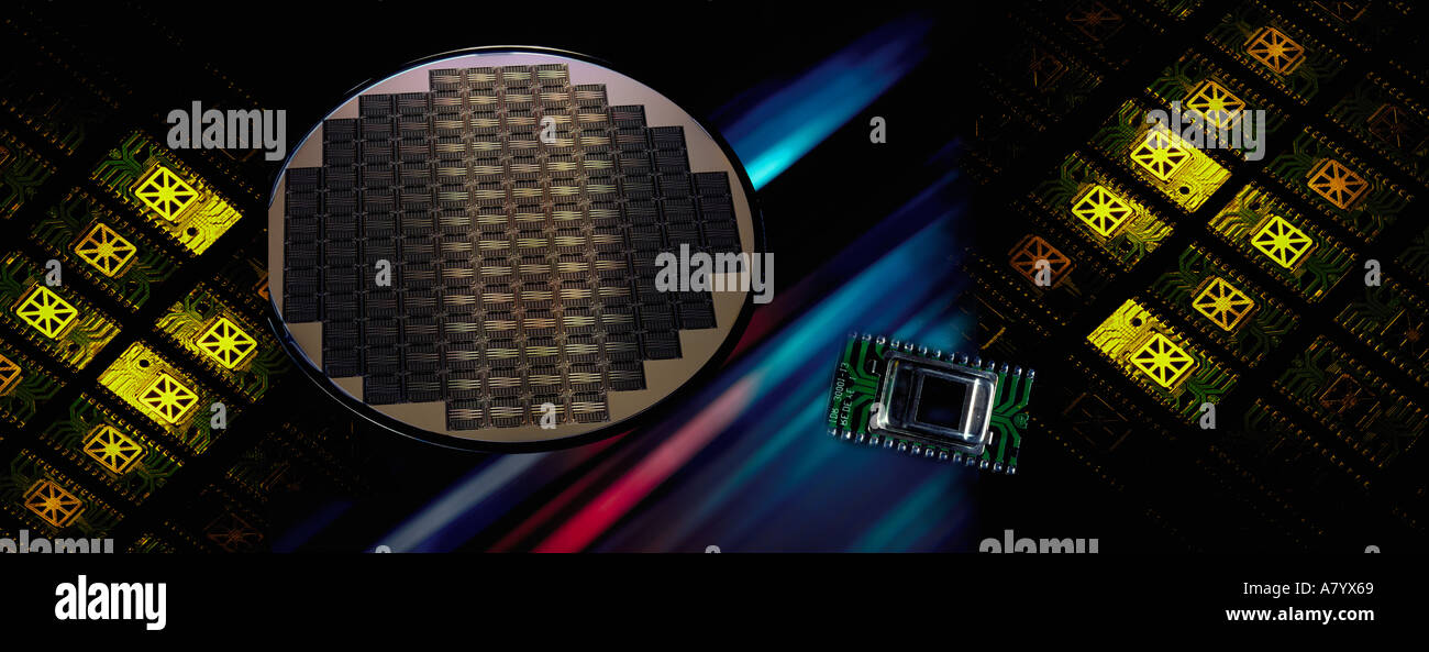 Wafer di silicio per esso Industria Dettaglio del computer microchip e fetta durante i processi di progettazione e produzione Foto Stock