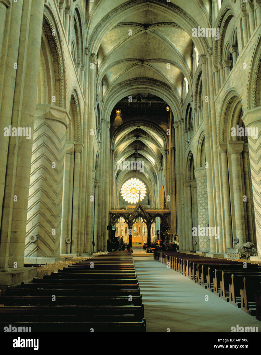 Vista interna verso est lungo la navata medievale di Durham Cathedral Durham City, Durham, Inghilterra, Regno Unito. Foto Stock