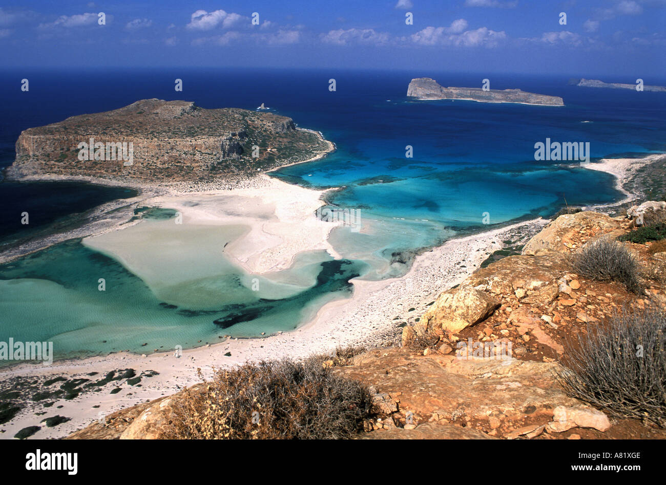 La Grecia, Creta Isola del nord-ovest della penisola di Gramvoussa, Tigani il capo e la spiaggia di Balos Foto Stock