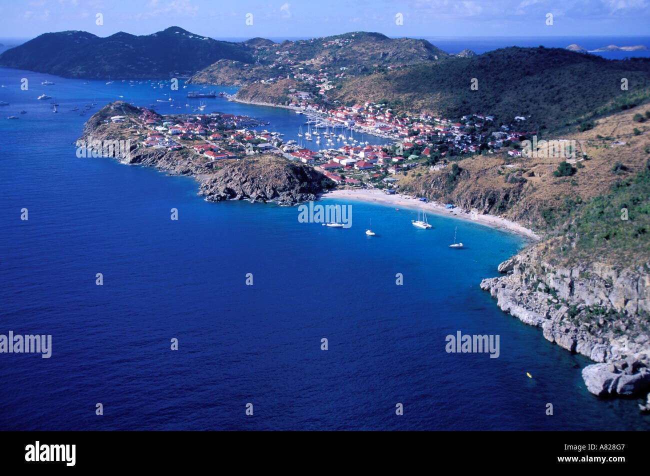 Francia, Guadalupa (Indie occidentali francesi), Saint Barthélémy isola (vista aerea) di Gustavia Foto Stock