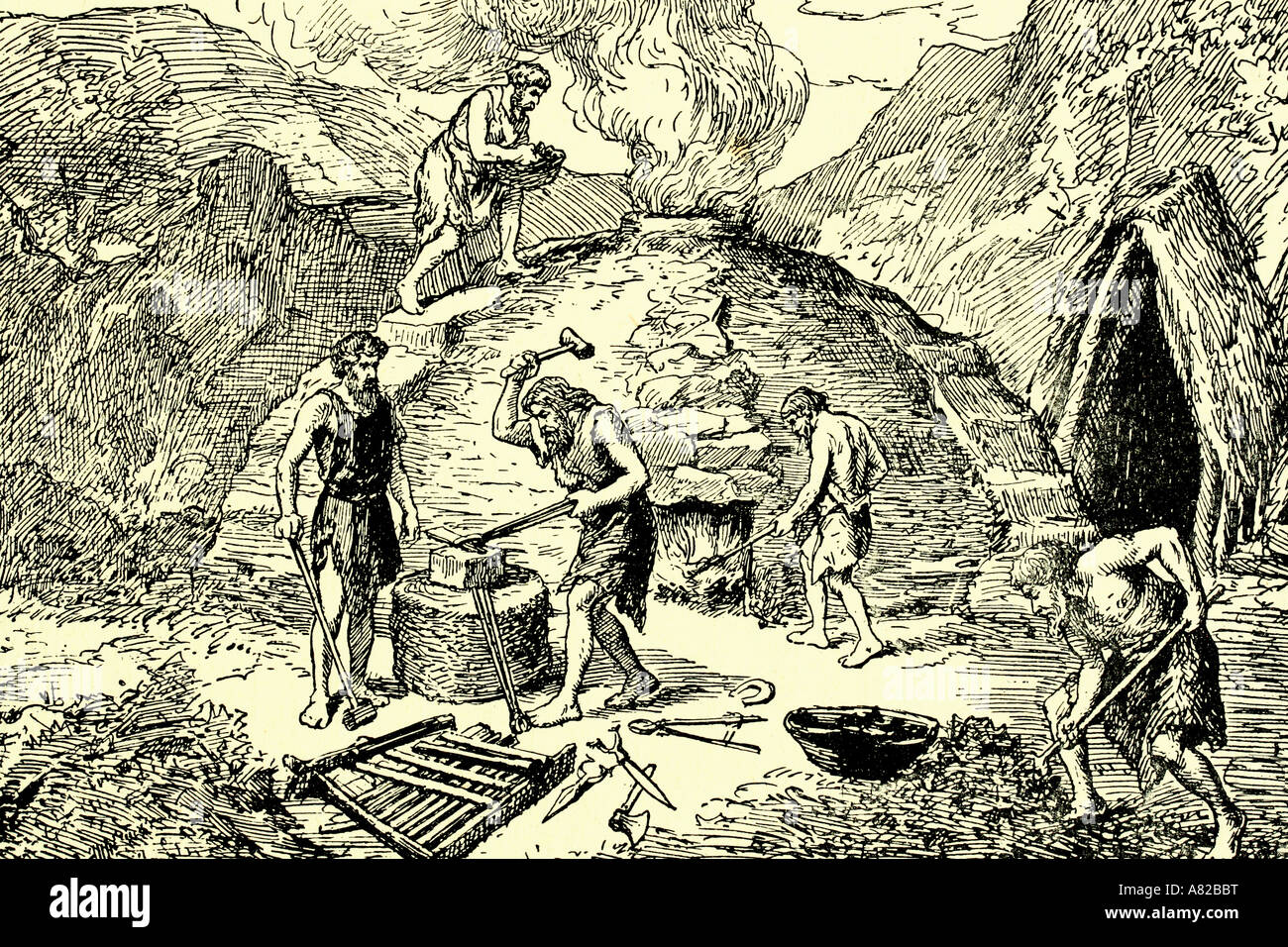 Età del ferro. Gli uomini primitivi forgiatura del ferro. Illustrazione di antiquariato. 1924 Foto Stock