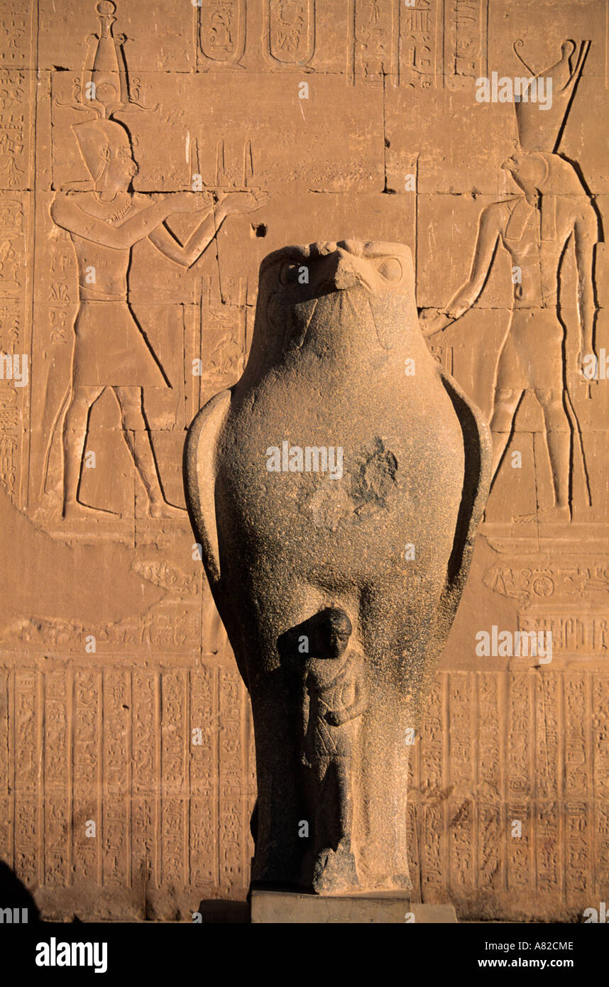 L'Egitto, la Nubia, al Tempio di Horus in Edfou, il falco realizzata in granito nero appare dopo l'entrata Foto Stock