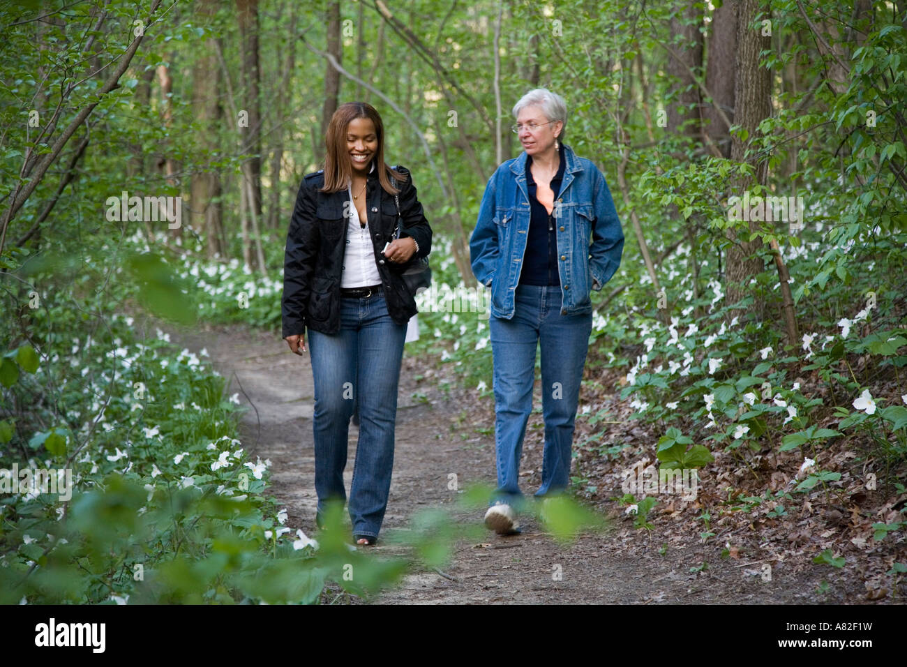 Lake Orion Michigan i visitatori a piedi passato trillium su un sentiero di montagna calva Recreation Area Foto Stock