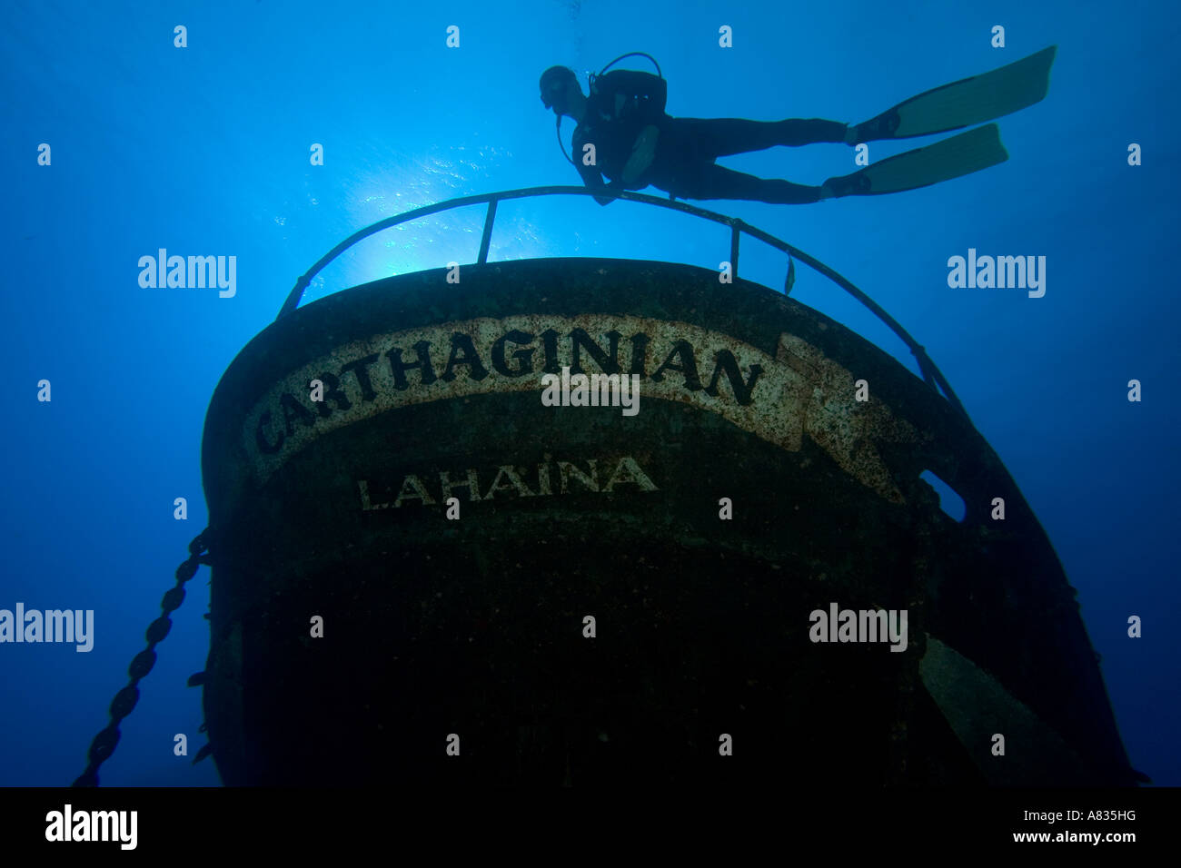 I Cartaginesi, un punto di riferimento di Lahaina, fu affondato come una barriera corallina artificiale off Lahaina, Maui, Hawaii, nel dicembre 2005. Foto Stock