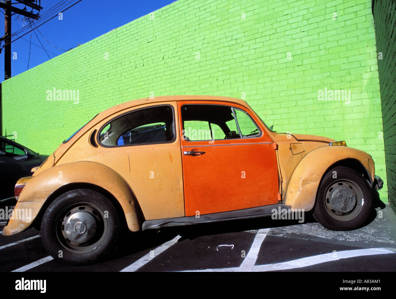 VW Bug in un colorato parcheggio Aron Records Highland Blvd Los Angeles California Stati Uniti d'America Foto Stock