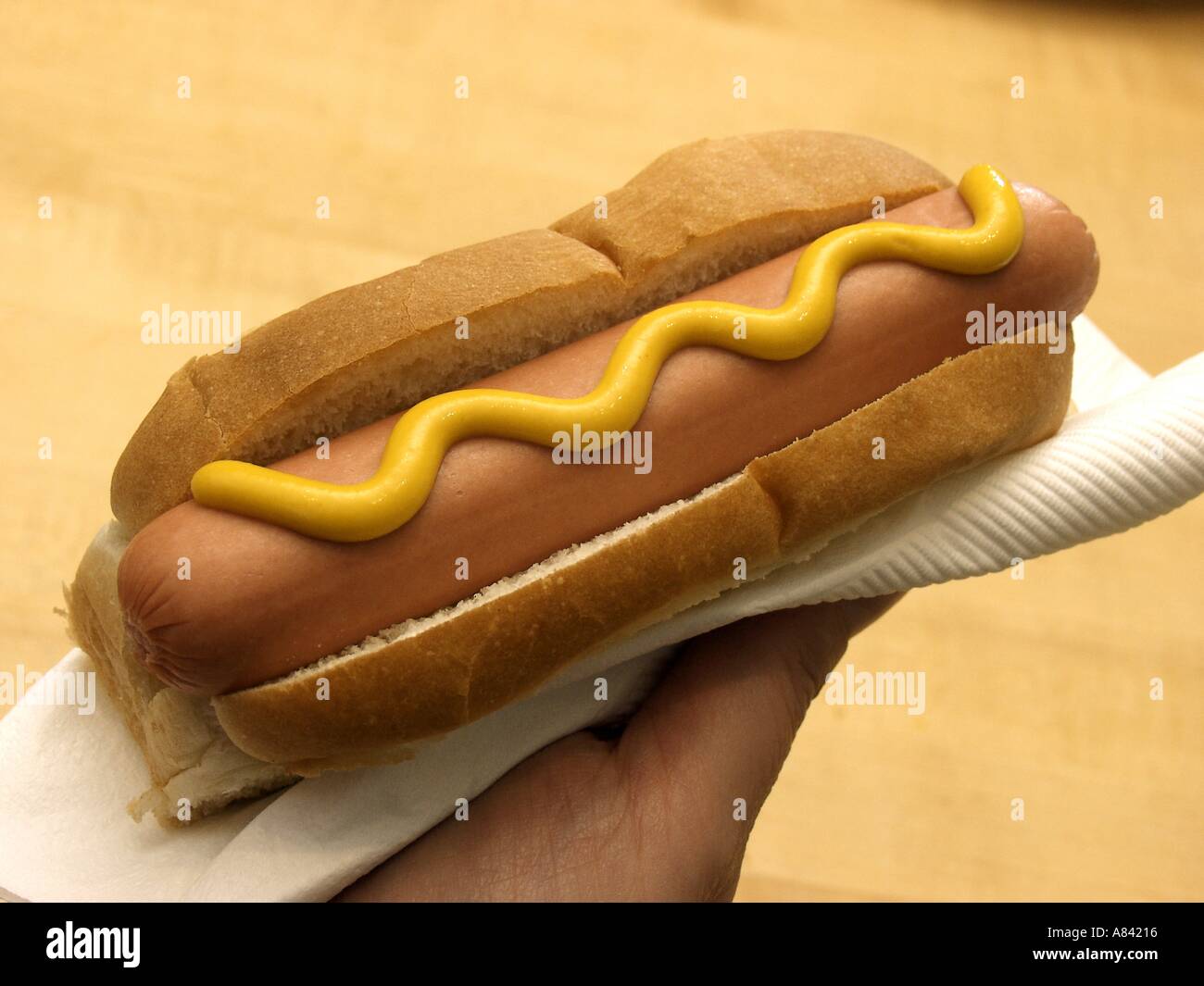 Una mano che tiene un Hot Dog con senape Foto Stock