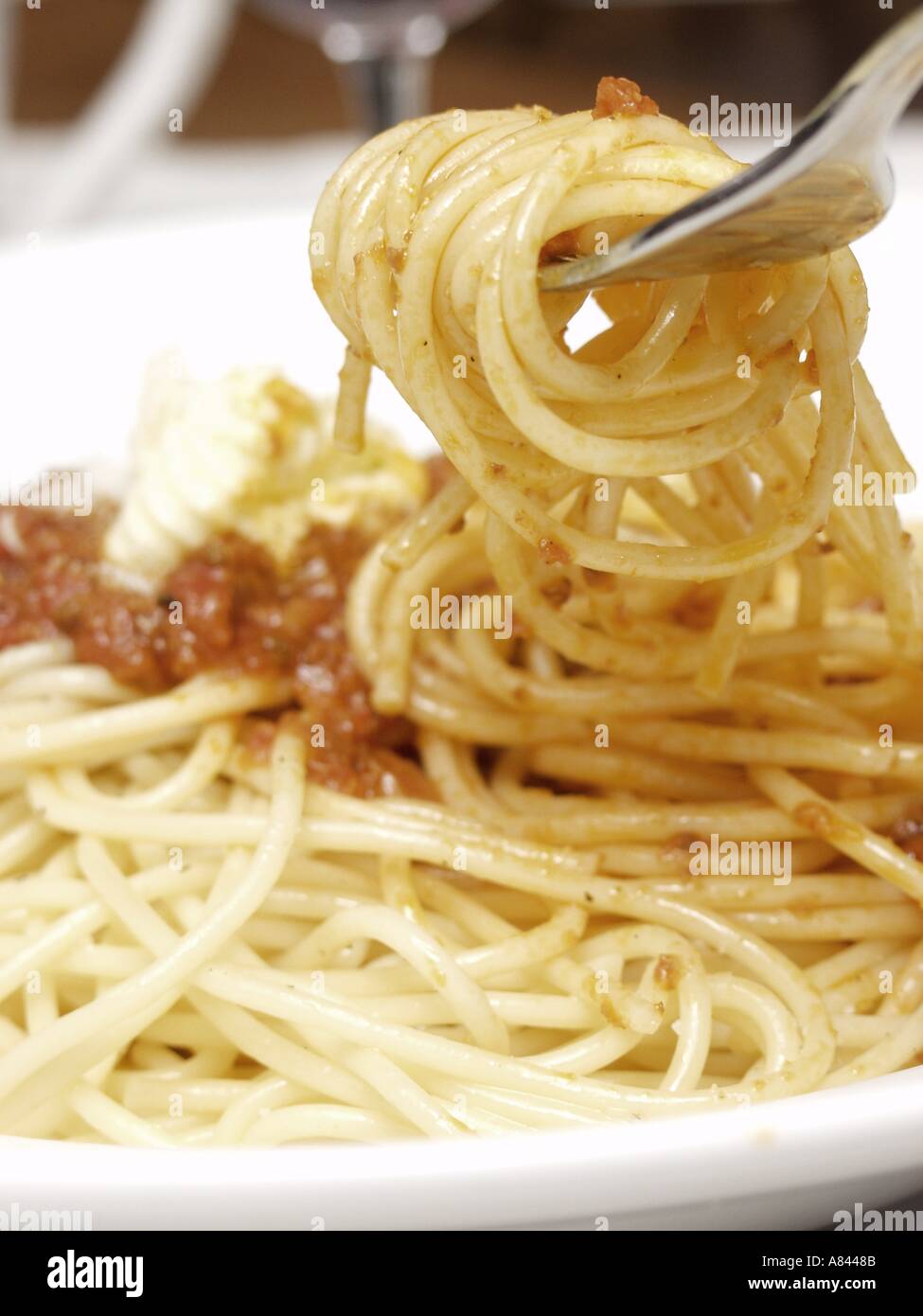 Spaghetti Twirled sulla forcella Foto Stock