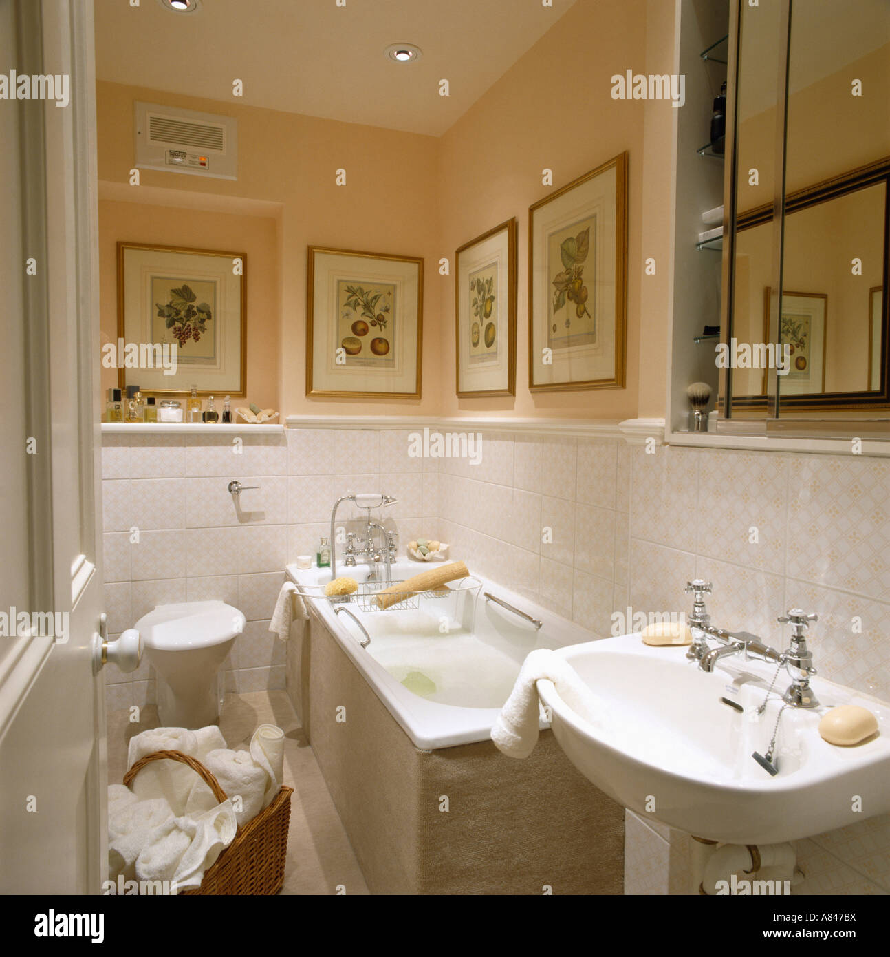 Piccola pesca bagno con foto e piastrelle bianche sopra vasca da bagno Foto  stock - Alamy