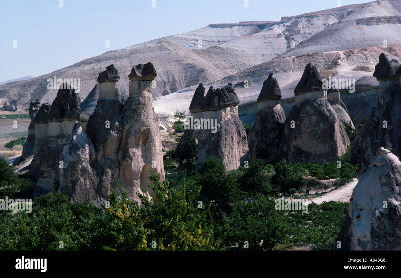 La Turchia. Cappadocia. "Camini di Fata' la gente del posto chiama loro. Città sotterranea e le chiese rupestri scavati qui. Foto Stock