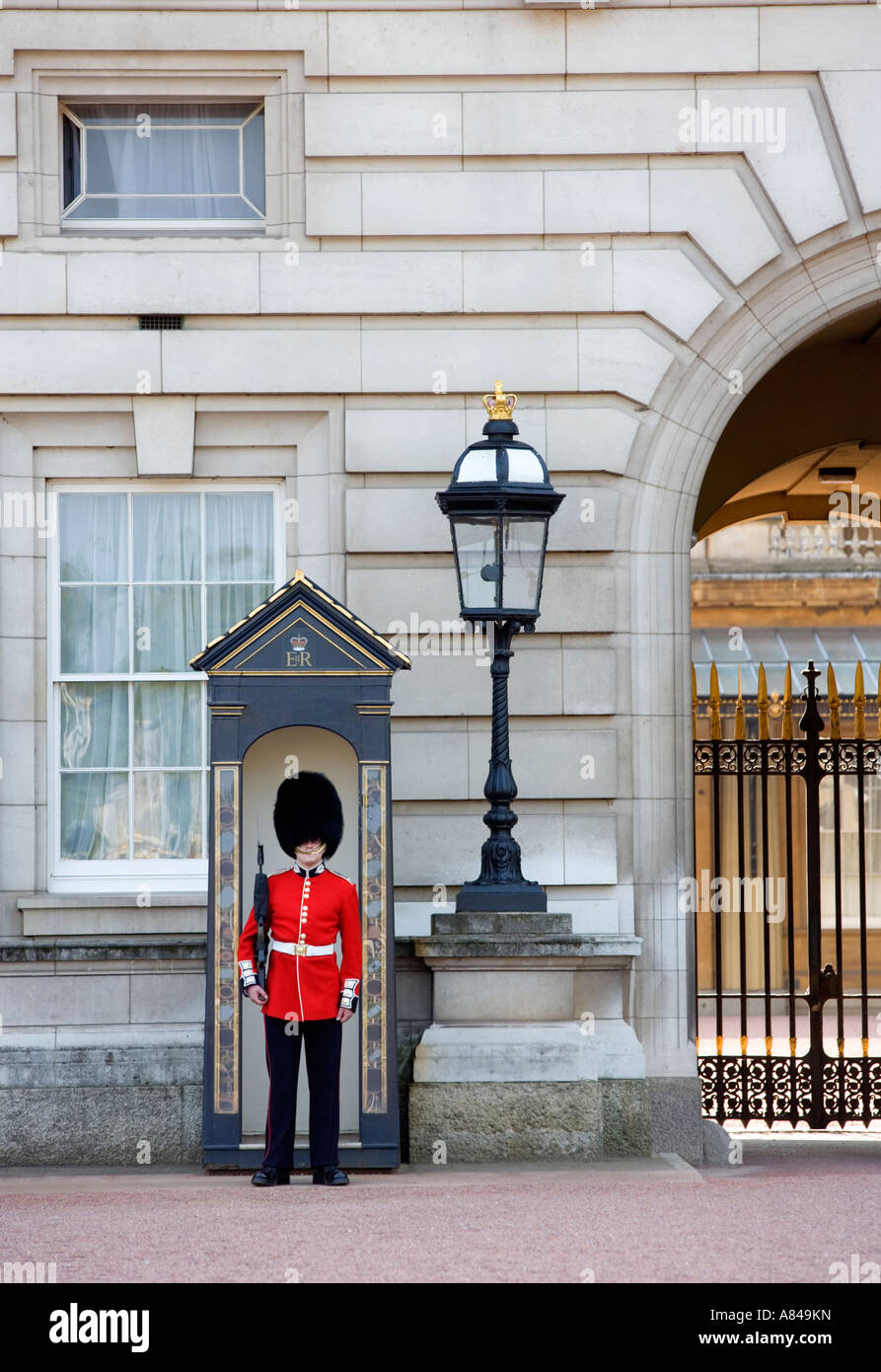 Soldato indossando tunica rossa e bearskin di sentinella fuori Buckingham Palace. London, England, Regno Unito Foto Stock