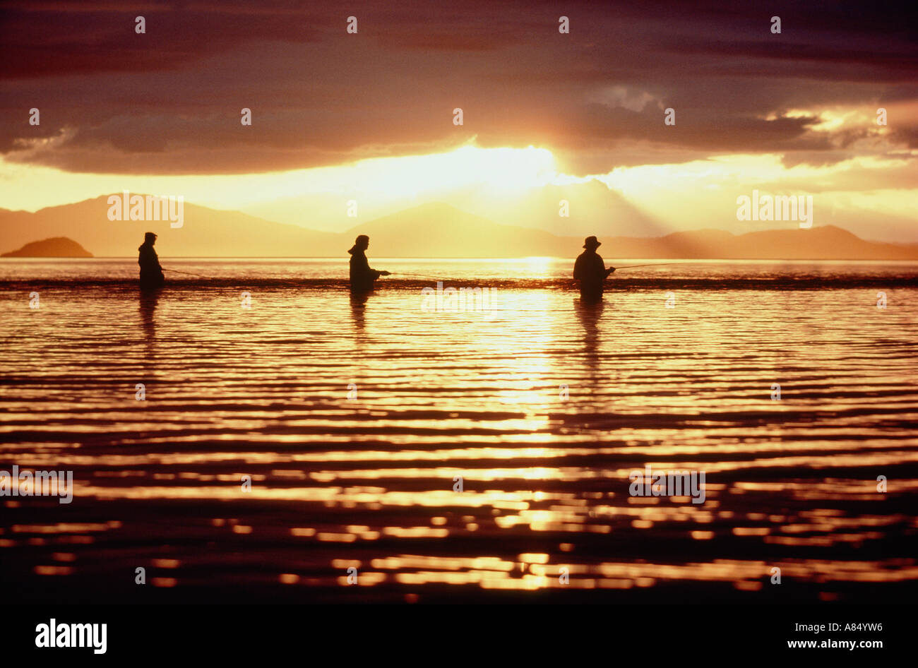 La Nuova Zelanda. Lago Taupo. Tre uomini a pesca di sunrise. Foto Stock