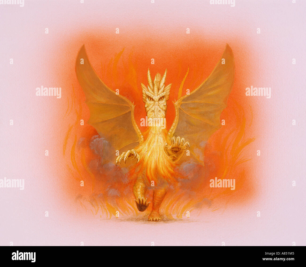 La pittura di drago mitologico respirando fuoco. Foto Stock