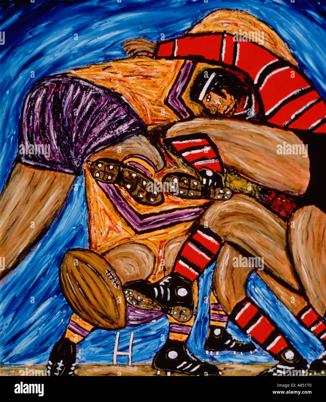 Grafica. Pittura. Rugby Football. Primo piano di giocatori di rugby in campo. Foto Stock